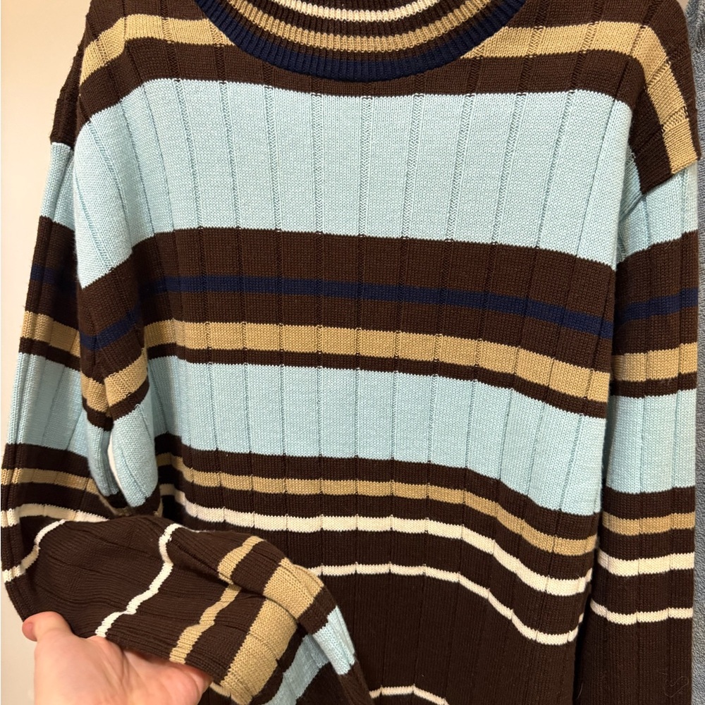 Vintage Turtleneck Striped Ribbed Sweater in Blue and Brown B.P. Design